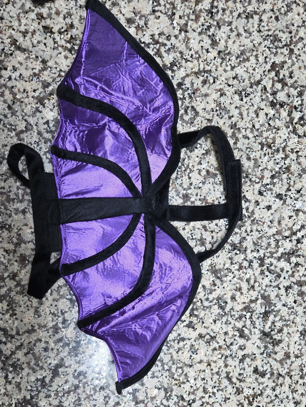 Black and purple pet bat costume features shiny metallic wing fabric